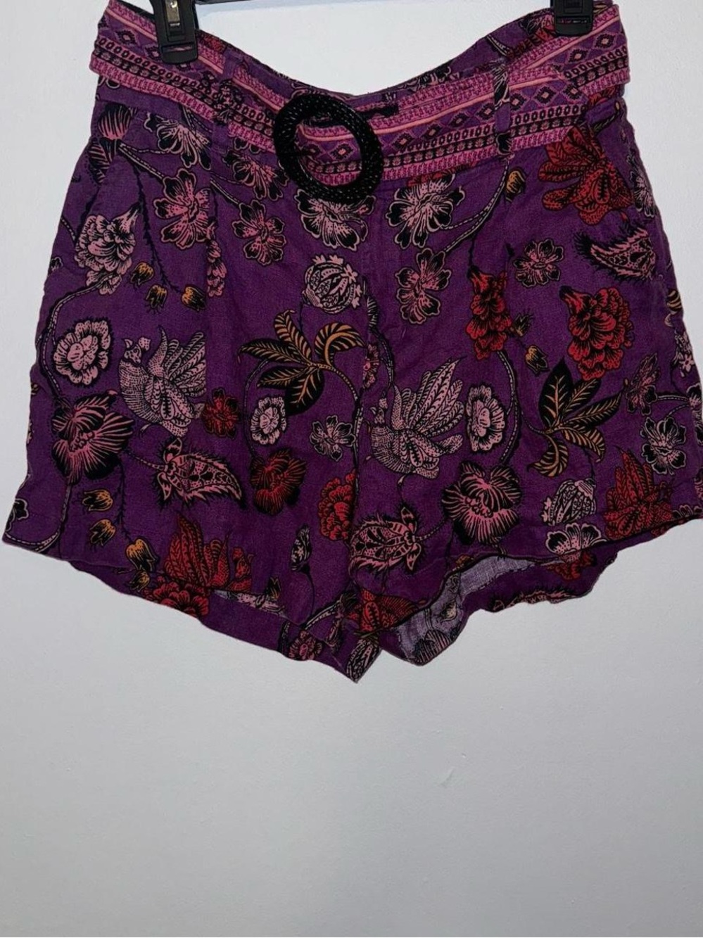 Nicole Miller Purple Floral Linen Shorts with Woven Belt Detail